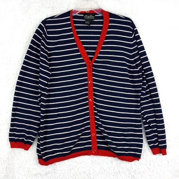 Terry Lewis Classic Luxuries‎ Womens Sweater Cardigan Blue Red Silk V Neck 1 X - Picture 1 of 8